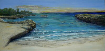 Calming waves on the sand at durning sunset in winter south view of Smith Cove. By Monte Thornton 48'x24" 2016